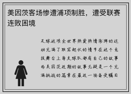 美因茨客场惨遭浦项制胜，遭受联赛连败困境