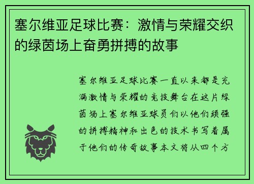 塞尔维亚足球比赛：激情与荣耀交织的绿茵场上奋勇拼搏的故事