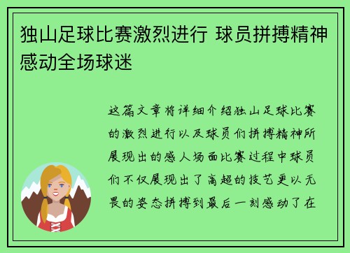 独山足球比赛激烈进行 球员拼搏精神感动全场球迷
