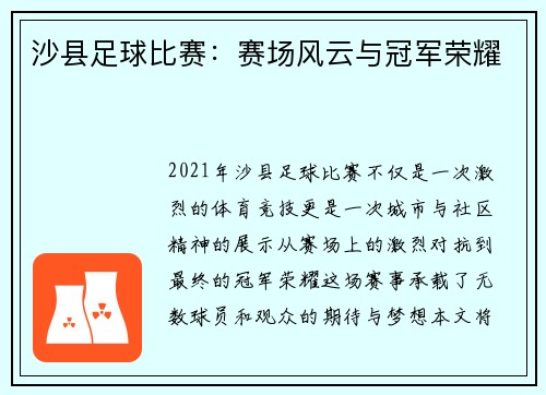 沙县足球比赛：赛场风云与冠军荣耀