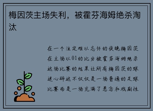 梅因茨主场失利，被霍芬海姆绝杀淘汰