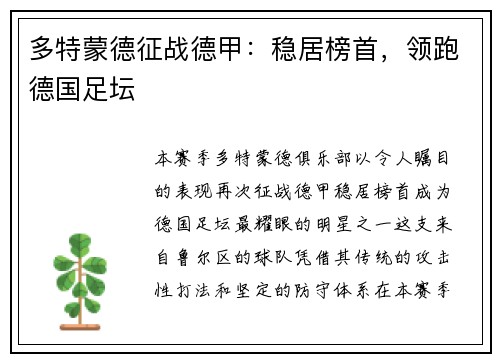 多特蒙德征战德甲：稳居榜首，领跑德国足坛