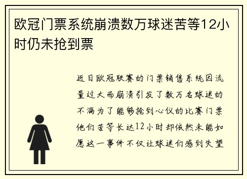 欧冠门票系统崩溃数万球迷苦等12小时仍未抢到票