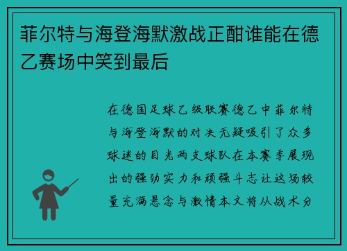 菲尔特与海登海默激战正酣谁能在德乙赛场中笑到最后