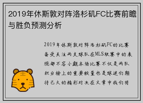 2019年休斯敦对阵洛杉矶FC比赛前瞻与胜负预测分析