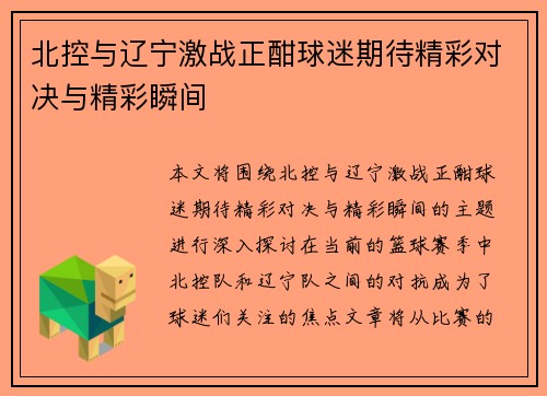 北控与辽宁激战正酣球迷期待精彩对决与精彩瞬间