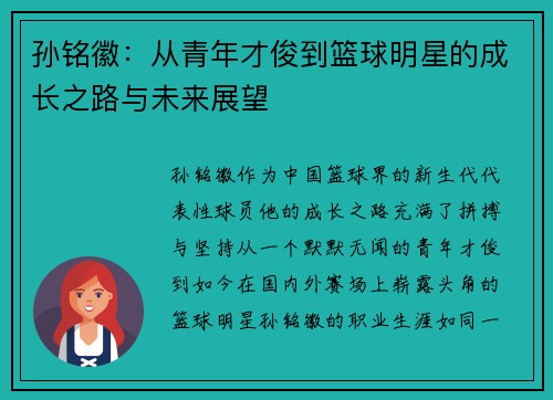 孙铭徽：从青年才俊到篮球明星的成长之路与未来展望