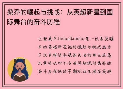 桑乔的崛起与挑战：从英超新星到国际舞台的奋斗历程