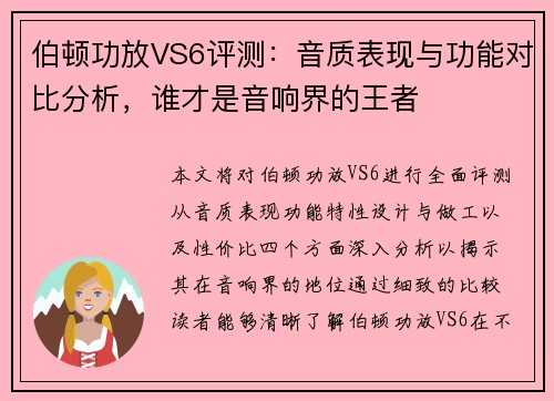 伯顿功放VS6评测：音质表现与功能对比分析，谁才是音响界的王者