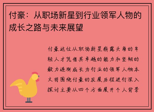 付豪：从职场新星到行业领军人物的成长之路与未来展望