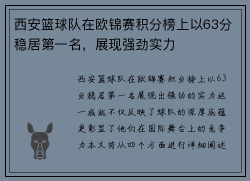 西安篮球队在欧锦赛积分榜上以63分稳居第一名，展现强劲实力