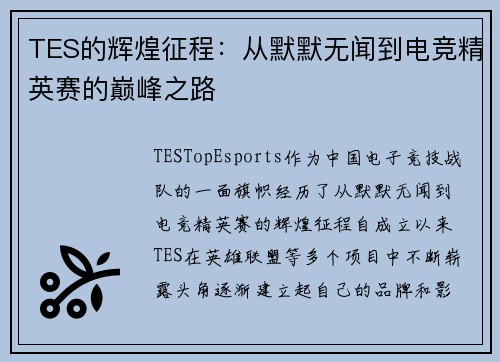 TES的辉煌征程：从默默无闻到电竞精英赛的巅峰之路