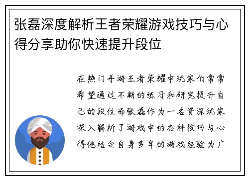 张磊深度解析王者荣耀游戏技巧与心得分享助你快速提升段位